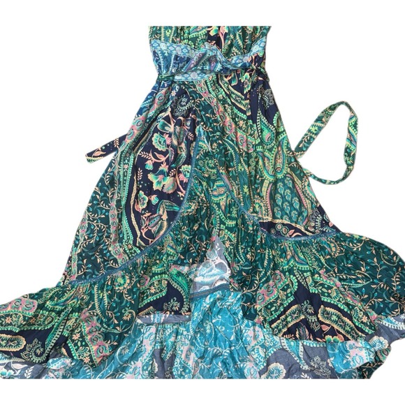 Farm Rio Anthropologie Blue Green Boho Paisley Wrap Ruffle Size XS Midi Dress - Picture 3 of 7